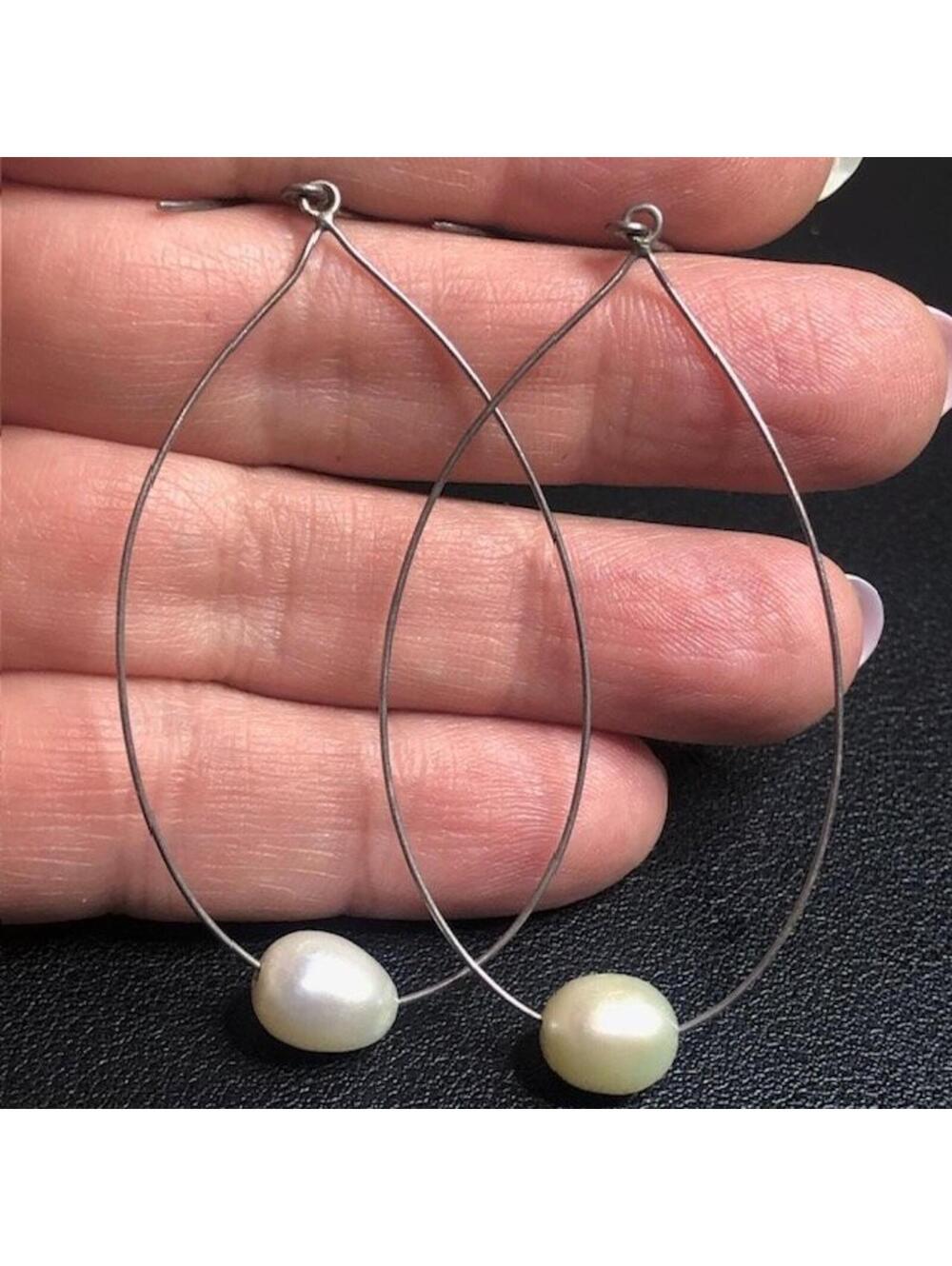 B2096   Silver Tone Teardrop Hoop Dangle Earrings Freshwater Pearl Approx 2"